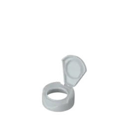 The image shows the MRP Solutions PP Flip Top Cap 33-400. The cap is white and features a flip-top design for easy dispensing. The cap has a smooth, glossy surface and a circular shape with a diameter of 33 mm. The top of the cap has a small hinge that allows the top to flip open and close securely. The underside of the cap shows threading designed to fit onto compatible containers with a 33-400 neck finish.