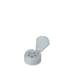 The image depicts the MRP Solutions PP Flip Top Cap 43-485. The cap is primarily white with a smooth, cylindrical shape. It features a flip-top lid, which is designed to be easily opened and closed. The cap appears to have a standard threading at its base, indicating it can be screwed onto compatible containers. The flip-top lid has a slight indentation for easy gripping and opening.