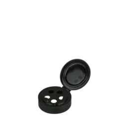 The image features the MRP Solutions PP Flip-Top Cap 43-400. The cap is primarily black and has a smooth, glossy surface. It is designed with a flip-top mechanism for easy opening and closing. The cap appears to have a circular shape with a diameter that fits a 43-400 neck finish. The flip-top is centrally positioned, allowing for convenient dispensing. There are no visible logos or additional markings on the cap.