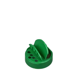 The image features the MRP Solutions PP Flip Top Cap 63-485. It is a white, round plastic flip-top cap designed to fit containers with a 63-485 neck finish. The cap has a smooth surface and a hinged lid that flips open to allow for easy dispensing of the container's contents. The overall design is simple and functional, with no additional decorations or branding visible on the cap. 