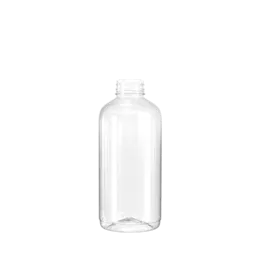 The image features the Resilux 28.0oz PET Bottle. The bottle is transparent, showing its clear, plastic material. It has a cylindrical shape with a smooth surface and a slight taper towards the top, leading to a standard screw cap opening. The bottle appears empty and is standing upright, with light reflections emphasizing its clarity and clean design.