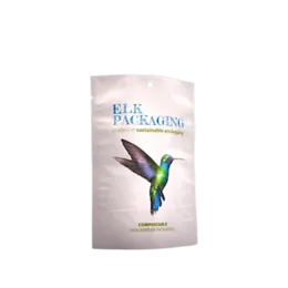 The image shows an ELK Packaging 14.0oz Paper Standup Pouch. The pouch is made of a plain, natural-colored paper material and is designed to stand upright. It has a resealable zip closure at the top, and the front and back surfaces are smooth with no visible branding or labels. The pouch has a flat bottom and slightly rounded edges, giving it a clean and simple appearance.