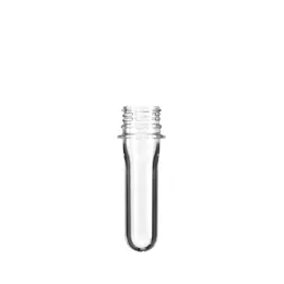 The image shows a Resilux PET Bottle Preform, weighing 25.5 grams with a 38mm neck finish. The preform is cylindrical in shape, featuring a smooth, transparent body that tapers slightly towards the bottom, and a threaded neck designed for a cap. The material is clear, allowing light to pass through, which highlights the precise and uniform construction of the preform.