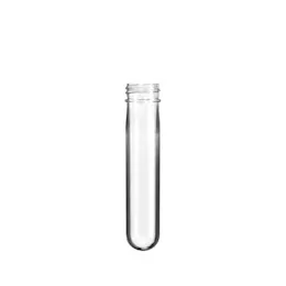 The image features the Resilux PET Bottle Preform 39gr DET 28/400 SPH Cosmo. It is a transparent, cylindrical plastic preform with a threaded neck, designed for later blow molding into a finished bottle shape. The preform is shown standing upright against a plain white background, highlighting its smooth and clear surface.