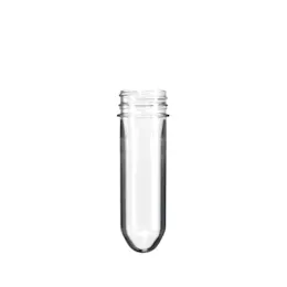The image shows the Resilux PET Bottle Preform, 60gm, 38mm Portola GLA. The preform is a transparent plastic piece with a cylindrical shape, tapering towards a threaded neck at the top designed for capping. The material is clear, smooth, and shiny, indicating its plastic composition. The preform is designed to be blown into a full-sized bottle. It is positioned upright against a plain white background, showcasing its overall shape and structure clearly.