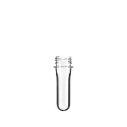 The image showcases a Resilux PET Bottle Preform 20.5gr PCO. The product is a clear, cylindrical plastic preform with a smooth surface and a detailed threaded neck for cap attachment. It is designed to be later blown into a full-sized PET bottle. The preform appears uniformly transparent and sleek, demonstrating the initial stage of bottle manufacturing.