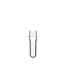 The image shows the Resilux PET Bottle Preform 23.5gr PCO. It is a transparent, cylindrical plastic component with a uniform and smooth surface. The preform has a threaded neck at one end, which is designed for sealing with a bottle cap. The body of the preform tapers slightly towards the closed end, which is rounded and smooth. The overall appearance is clear and glossy, indicating its purpose as a precursor to being blown into a full-sized PET bottle.