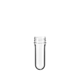 The image shows a Resilux PET Bottle Preform 37.0gr Portola GLA. The preform is a transparent, cylindrical object with a smooth surface, designed to be blow-molded into a bottle. The top part of the preform features threading for a cap, while the bottom is rounded. The material appears clear and glossy, highlighting the preform's pristine condition and precise manufacturing.