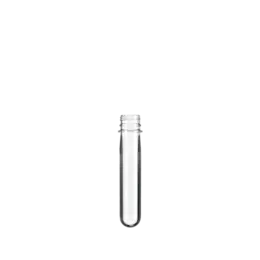 The image shows a Resilux PET Bottle Preform 57.7gr 28 mm Kerr. The preform is clear and cylindrical with a threaded neck, designed to be molded into a PET bottle. It has a smooth surface and a uniform shape, indicating precision in manufacturing. The preform is displayed against a plain white background, highlighting its transparency and details.