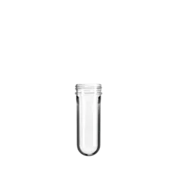 The image shows a transparent plastic bottle preform called the Resilux PET Bottle Preform 38/3gm 38 Deep Skirt. The preform has a cylindrical shape with a threaded neck, designed for easy capping. The material appears clear and smooth, with a uniform thickness throughout. The preform is positioned against a plain white background, highlighting its shape and features.