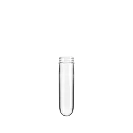 The image displays the Resilux PET Bottle Preform 75gr 42mm Oil. The preform is cylindrical, transparent, and made from PET plastic. It appears to have a uniform, smooth surface with a threaded neck at the top, which is designed for attaching a cap. The color is clear, indicating that the material is uncolored or lightly tinted. The preform is intended for blow molding into a larger bottle shape. The background of the image is plain white, which helps to highlight the details of the preform. 