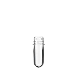 The image shows a clear, cylindrical plastic preform standing upright against a plain white background. This preform has a short neck and a wider body, and it appears to be made of PET material. The product name is "Resilux PET Bottle Preform 46.8gr PCO." The preform is designed to be molded into a plastic bottle.