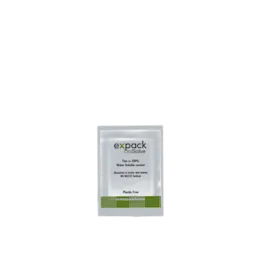 The image shows the Expack 1.7oz PET Standup Pouch Unisolve (50ml). The pouch is transparent, allowing the contents to be visible. It has a resealable zipper at the top and is designed to stand upright on its own. The material appears to be smooth and glossy, giving it a clean and modern appearance. There are no visible labels or markings on the pouch itself. The top of the pouch is wider than the bottom, creating a tapered shape.
