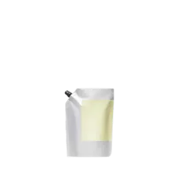 The image shows the Identipak 1.4oz PE Pouch Spouted Refill Pouch. The pouch is white with a spout located at the top for easy dispensing. It has a rectangular shape with a flat base that allows it to stand upright. The surface of the pouch is smooth, and it appears to be made of a flexible plastic material. There are no labels, text, or designs visible on the pouch in the image.
