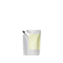 The image shows the Identipak 1.7oz PE Pouch, Spouted Refill Pouch. The pouch is white with a smooth, glossy finish and has a spout at the top for easy dispensing. The shape of the pouch is flexible and designed to stand upright. The spout is capped with a screw-on lid. The overall design is minimalistic and functional, suitable for holding liquids or semi-liquids.