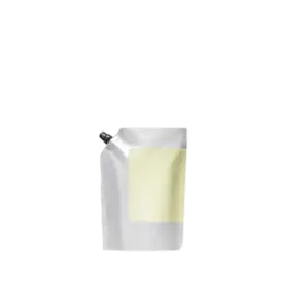 The image shows the Identipak 2.5oz PE Pouch Spouted Refill Pouch. This is a flexible, rectangular-shaped pouch designed to hold liquids. The pouch is primarily white with a spout located at the top for easy dispensing. The spout has a screw-on cap to prevent leaks. The pouch is standing upright and appears to be made of a durable material suitable for various liquid products.