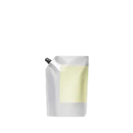 The image showcases the Identipak 5 oz PE Pouch Spouted Refill Pouch (150ml). This is a flexible, semi-transparent plastic pouch with a spout on the top right corner for easy dispensing. The pouch is empty, standing upright with a smooth surface. The spout is white and features a screw cap for secure closure. The overall design is simple and functional, emphasizing convenience for refilling purposes.