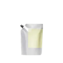 The image shows the Identipak 8.5oz PE Pouch Spouted Refill Pouch, 250ml. The pouch is predominantly white with a clean, minimalist design. It has a spout at the top right corner for easy dispensing of its contents. The overall shape of the pouch is rectangular with a slight taper towards the top. There are no visible labels or text on the pouch in the image provided. The spout is fitted with a cap to ensure the contents are securely sealed. The pouch appears to be freestanding due to its flat bottom design.