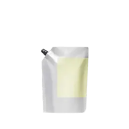 The image features the Identipak 10.1oz PE Pouch Spouted Refill Pouch (300ml). This product is a flexible, rectangular pouch with a spout at the top, designed for easy pouring and refilling. The pouch is white with a clear section, allowing visibility of the contents inside. It has a screw cap on the top right corner for secure sealing.