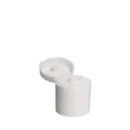 The image shows a Menshen PP Flip Top Cap 24/415. The cap is white and features a hinged flip-top design. The cap has a smooth, rounded exterior with a flat top surface that can be flipped open to reveal a dispensing opening. The base of the cap has threading to allow it to be screwed onto a compatible container. The overall design is simple and functional, suitable for dispensing various liquid products.