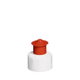 The image shows a Menshen PE Push-Pull Cap 28/410. The cap is cylindrical with a smooth, white surface and a push-pull mechanism at the top. The design includes a small, rounded tip that protrudes when the cap is in the "open" position, allowing liquid to be dispensed. The base of the cap has a threaded section that enables it to be securely attached to a compatible container. The overall appearance is clean and functional, suitable for various liquid dispensing applications.