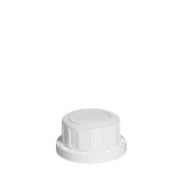 The image shows the Menshen PP Threaded Closure 32 Chemical Closure. It is a white, circular cap designed for chemical containers. The cap features a ridged, textured edge for grip and ease of opening. The top surface of the closure is flat and smooth. The threading inside the cap is visible, indicating it is designed to screw onto the matching container.