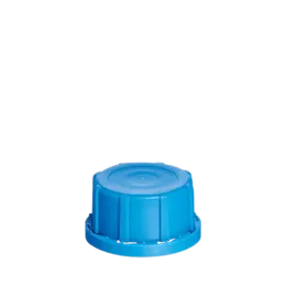 The image shows a Menshen PP Threaded Closure 45 Chemical Closure. It is a circular, plastic cap with a threaded design, allowing it to securely screw onto corresponding containers. The cap features a ridged edge, which provides grip for easy opening and closing. The color of the closure is a solid, opaque white.