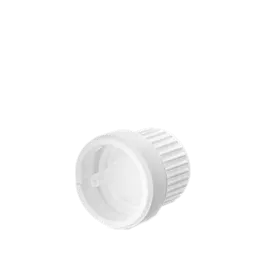 The image shows the Calaso PP Dropper DIN18. It features a clear glass bottle with a white, ribbed screw cap dropper. The dropper top has a smooth, rounded press button for easy dispensing of liquids, and the glass bottle is transparent, allowing the contents to be visible. The overall design is sleek and functional, suitable for storing and dispensing various liquids.