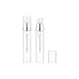 0.34oz / 10ml PP Slim Cylinder Airless Pump Bottle with Clear Overcap & PP Pump with Metallized Collar, 0.12cc Dosage