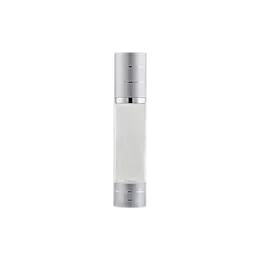 3.4oz / 100ml Clear AS Cylinder Airless Pump Bottle with Aluminum Overcap & PP Pump with Aluminum Collar, 0.25cc Dosage