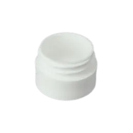 The image shows the Mold-Rite Plastics 0.1oz PP Jar. It is a small, cylindrical container with a smooth surface and a screw-on lid. The jar is made from white polypropylene plastic and appears to be lightweight and compact, ideal for holding small quantities of products like cosmetics or samples. The overall design is simple and functional.