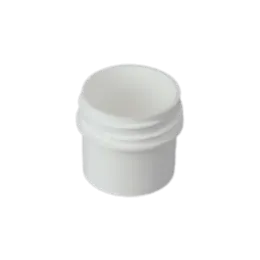 The image displays a small, clear plastic jar with a white screw-on lid. The jar is cylindrical and appears to be empty. This container is identified as the "Mold-Rite Plastics 0.3oz PP Jar." The jar's transparent body allows visibility of its contents, and the smooth, white cap provides a secure closure.