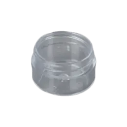 The image displays a small, clear, cylindrical plastic container with a matching clear lid. The container appears to be empty and is designed to hold small quantities of products. The product name is Mold-Rite Plastics 0.5oz PP Jar.