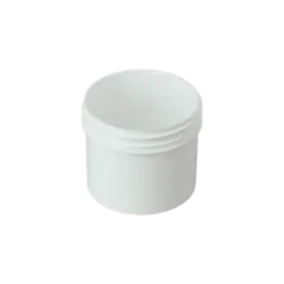 The image shows a Mold-Rite Plastics 2.0oz PP Jar. The jar is cylindrical with a smooth, even surface and a screw-top lid. It is made of white polypropylene plastic. The lid appears to be securely fastened, and the overall design is simple and functional, suitable for containing various products.