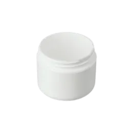 The image shows a Mold-Rite Plastics 2.0oz PP Jar. The jar is cylindrical with a smooth, glossy finish and appears to be made of white polypropylene (PP) plastic. It has a wide mouth and a screw-top lid, which is also white and smooth, ensuring a secure closure. The jar is simple and unadorned, suitable for various packaging needs.