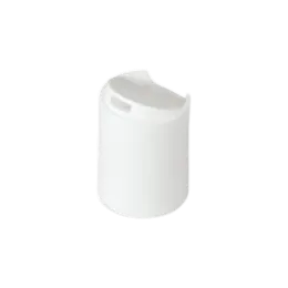 The image shows a Mold-Rite Plastics PP Disc Top Cap. It is a smooth, white plastic cap designed to fit onto containers with a 24-415 neck finish. The cap features a disc top mechanism, where a portion of the top surface can be pressed down to open a small dispensing orifice, allowing controlled dispensing of the product inside the container. The cap has a sleek, cylindrical shape with a flat top surface.