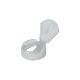 The image shows the MRP Solutions PP Flip Top Cap 38-400. The cap is white and made of polypropylene. It features a smooth, rounded design with a flip-top mechanism. The hinge of the flip-top is visible, indicating it can be easily opened and closed. The cap has threading on the inside, which allows it to securely attach to compatible containers with a 38-400 neck finish.
