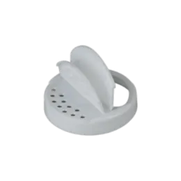 The image shows the MRP Solutions PP Flip Top Cap 63-400. It is a round plastic cap with a flip-top lid design, predominantly white in color. The cap features a smooth surface and a hinge that allows the top to open and close easily. The dimensions of the cap suggest it is designed to fit containers with a 63-400 neck finish.