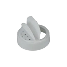 The image displays the MRP Solutions PP Flip Top Cap 63-485. It is a white plastic cap designed to fit containers with a 63-485 neck finish. The cap features a flip-top mechanism that allows for easy opening and closing. The surface of the cap is smooth, and the flip-top lid is integrated seamlessly into the design, providing a clean and functional appearance.