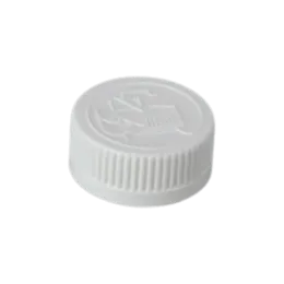 The image features the MRP Solutions PP Threaded Closure 33-400 (CR033). The closure is depicted in white and has a smooth, flat top surface. The threading is visible on the inside of the closure, designed to securely fit onto corresponding containers. The closure has a cylindrical shape with a consistent diameter throughout its height. The image showcases the closure from an angled top-down perspective, highlighting both the exterior and a glimpse of the interior threading.