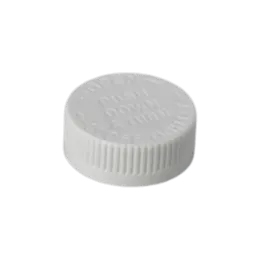 The image displays the MRP Solutions PP Threaded Closure 38-400 DB038. It is a circular, white plastic cap with a smooth surface and threading on the inside designed to screw onto a compatible bottle. The top of the cap is flat and unmarked, while the sides have vertical ridges for better grip during opening and closing.