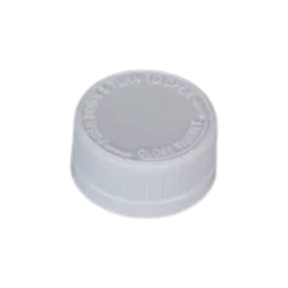 The image shows the MRP Solutions PP Threaded Closure 28-400 KR028. It is a plastic cap designed for containers with a 28-400 neck finish. The cap is white and has a smooth, flat top with ribbed sides for easy gripping and twisting. The threading on the inside of the cap is visible, indicating how it will securely attach to a compatible container.