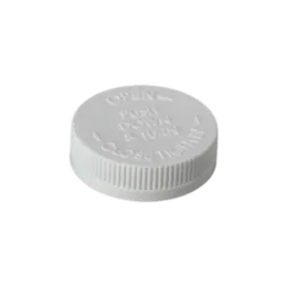 The image shows the MRP Solutions PP Threaded Closure 63-400. It is a white, circular, plastic cap with a smooth surface and a threaded inner rim designed to fit securely onto compatible containers. The closure appears to be sturdy, with a clean and simple design.