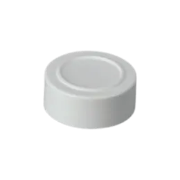 The image features a MRP Solutions PP Threaded Closure 43-485 SI043. The threaded closure is circular with a smooth, flat top surface. The sides of the closure have vertical ridges for better grip, and the interior threading is visible, designed to securely fit onto compatible containers. The color of the closure is a solid white, giving it a clean and uniform appearance.