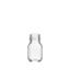 The image features a clear glass bottle named Calaso 1.0oz Glass Bottle from Impacked Packaging. The bottle is cylindrical with a smooth surface and a slightly rounded shoulder. It has a narrow neck with a screw thread at the top, designed for a compatible cap or dropper. The glass is transparent, allowing the contents to be visible. The bottle stands upright on a flat base.