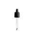 The image depicts the Calaso PP Dropper DIN18. It features a white plastic dropper cap with a ribbed design for easy grip. The cap is attached to a transparent glass pipette for precise liquid dispensing. The dropper is designed to fit DIN18 neck bottles, commonly used for essential oils, serums, and other liquid products. The overall design is sleek and functional.