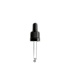 The image shows the Calaso PP Dropper DIN18 RGB02C3A025-200. It is a clear glass bottle with a black dropper cap. The dropper cap includes a squeezable rubber bulb for dispensing liquid contents. The bottle has a cylindrical shape with smooth, transparent sides, and is designed for precise dispensing of liquids.