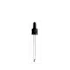 The image features the Calaso PP Dropper DIN18. This product consists of a clear glass bottle with a black plastic dropper cap. The dropper cap has a smooth, shiny finish and appears to be made of durable plastic. The clear glass bottle beneath it is cylindrical in shape, allowing for easy visibility of the contents inside. The dropper is designed for precision application, making it suitable for dispensing liquids like essential oils, serums, or other similar products. The overall appearance is sleek and functional.