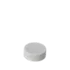 The image displays the MRP Solutions PP Threaded Closure 38-400 DB038. It is a circular, white plastic cap with a smooth surface and threading on the inside designed to screw onto a compatible bottle. The top of the cap is flat and unmarked, while the sides have vertical ridges for better grip during opening and closing.