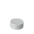 The image features the MRP Solutions PP Threaded Closure 43-485 SO043. It is a white, circular, plastic cap with a smooth surface and fine threading on the inside. The cap is designed to fit securely onto corresponding container openings, providing a tight seal. The top of the cap is flat and slightly raised around the edges.